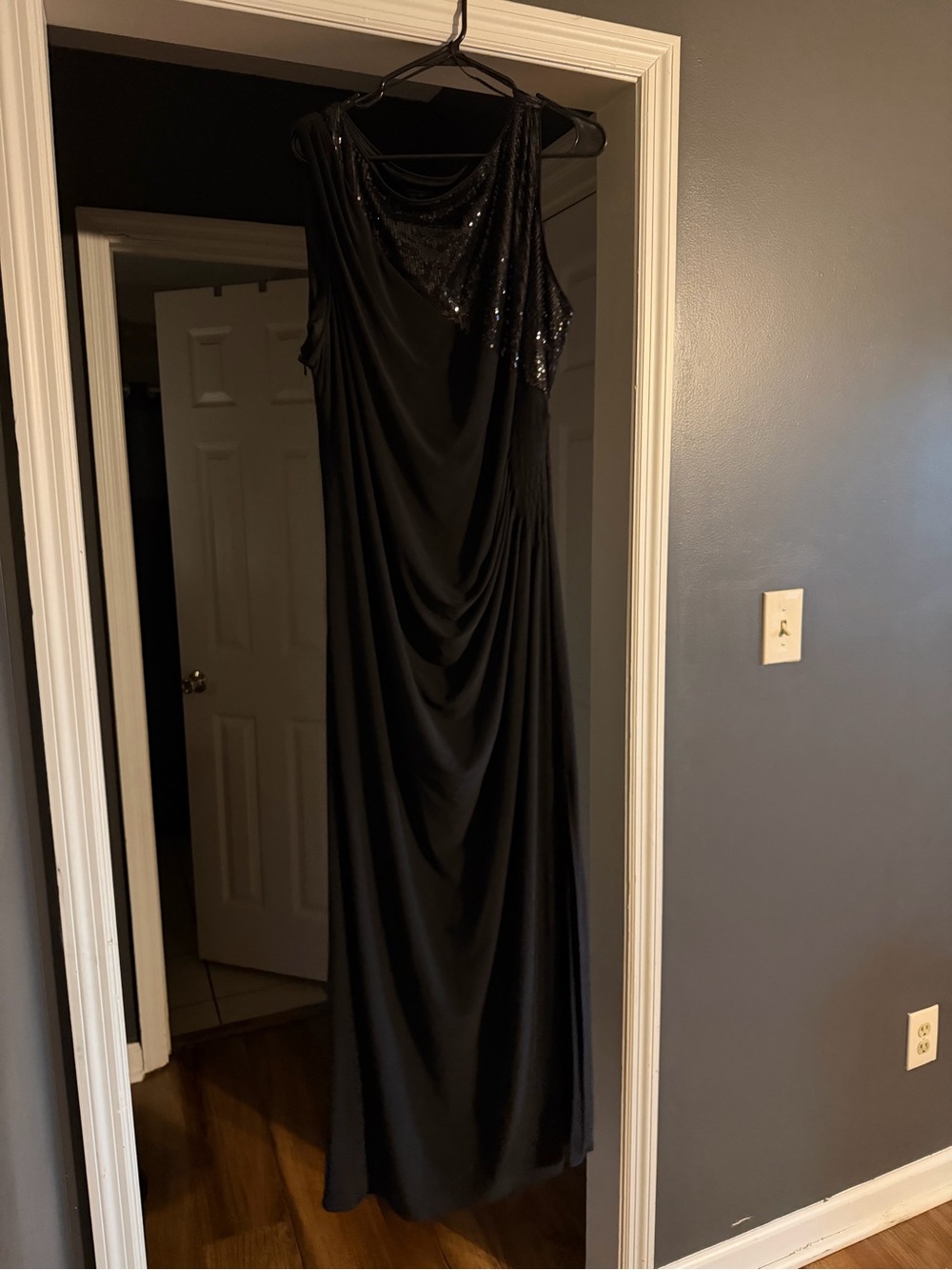 R&M Richards Black Sequined Drape Evening Gown